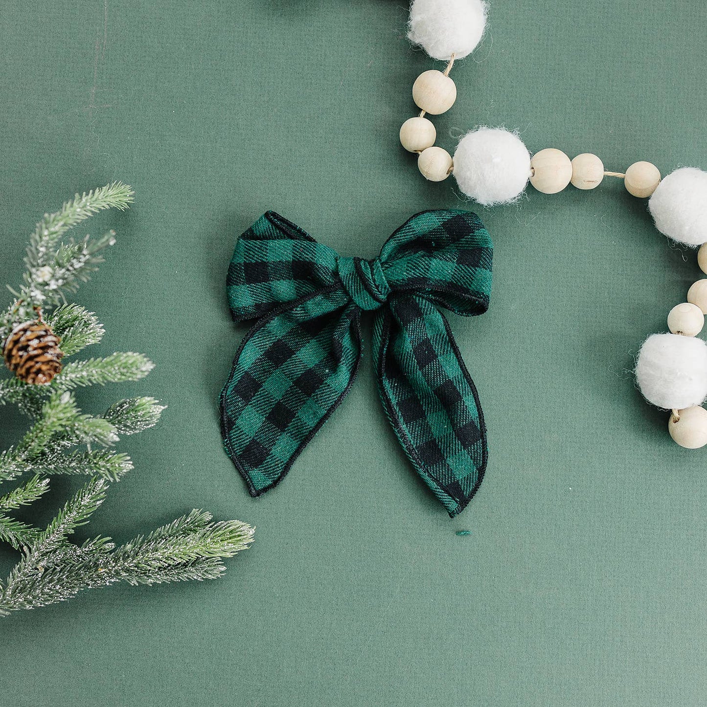Green Check Holiday Plaid Linen Hair Bow 5.5"