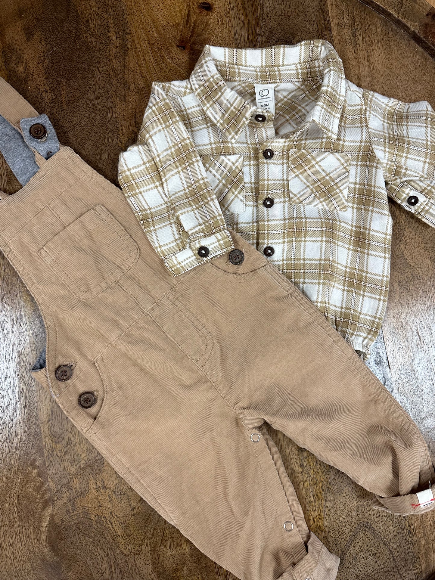 Carson Flannel Collared Button Down Bodysuit - Latte Plaid