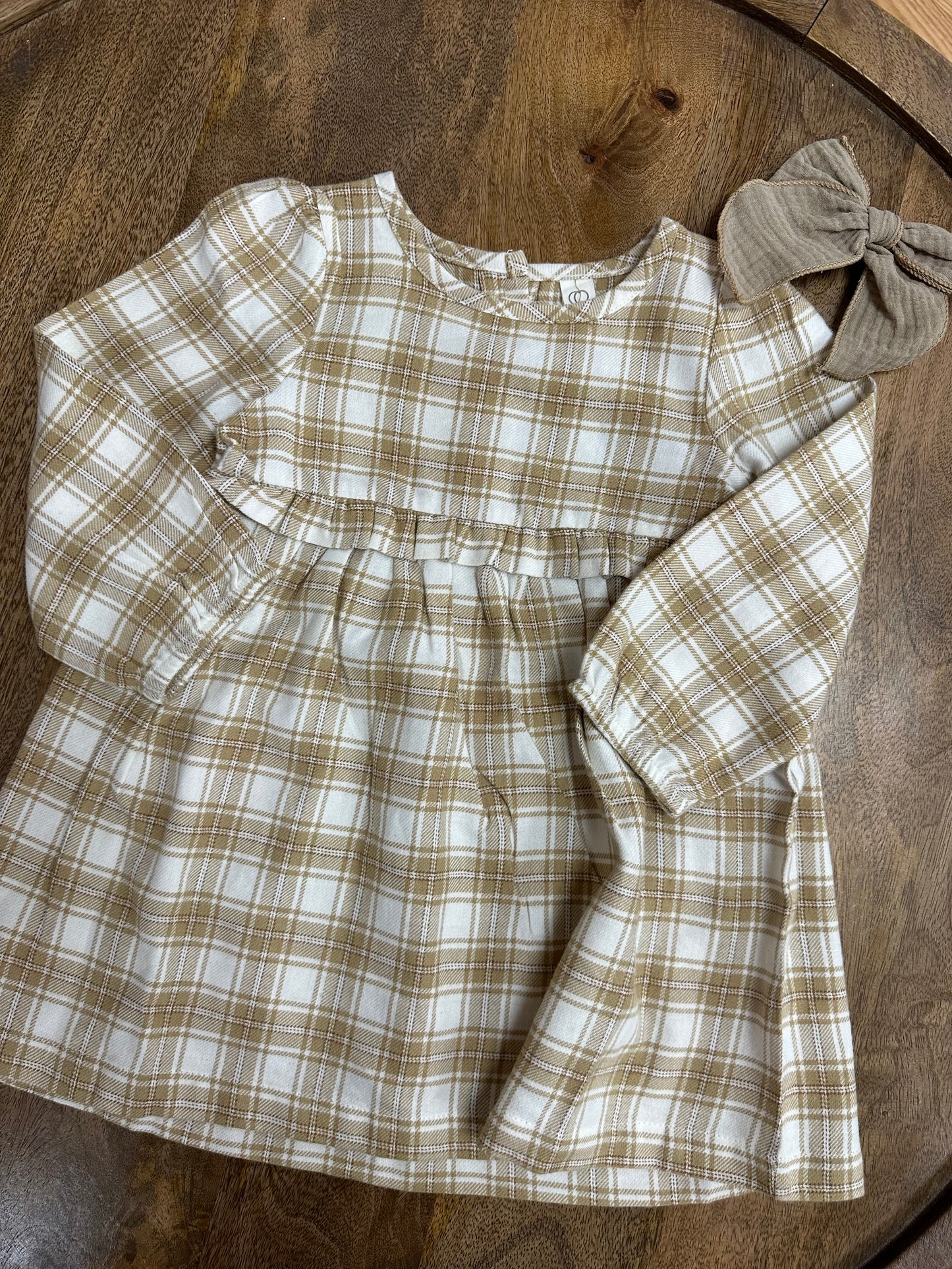 Sydney Flannel Ruffle Dress - Latte Plaid