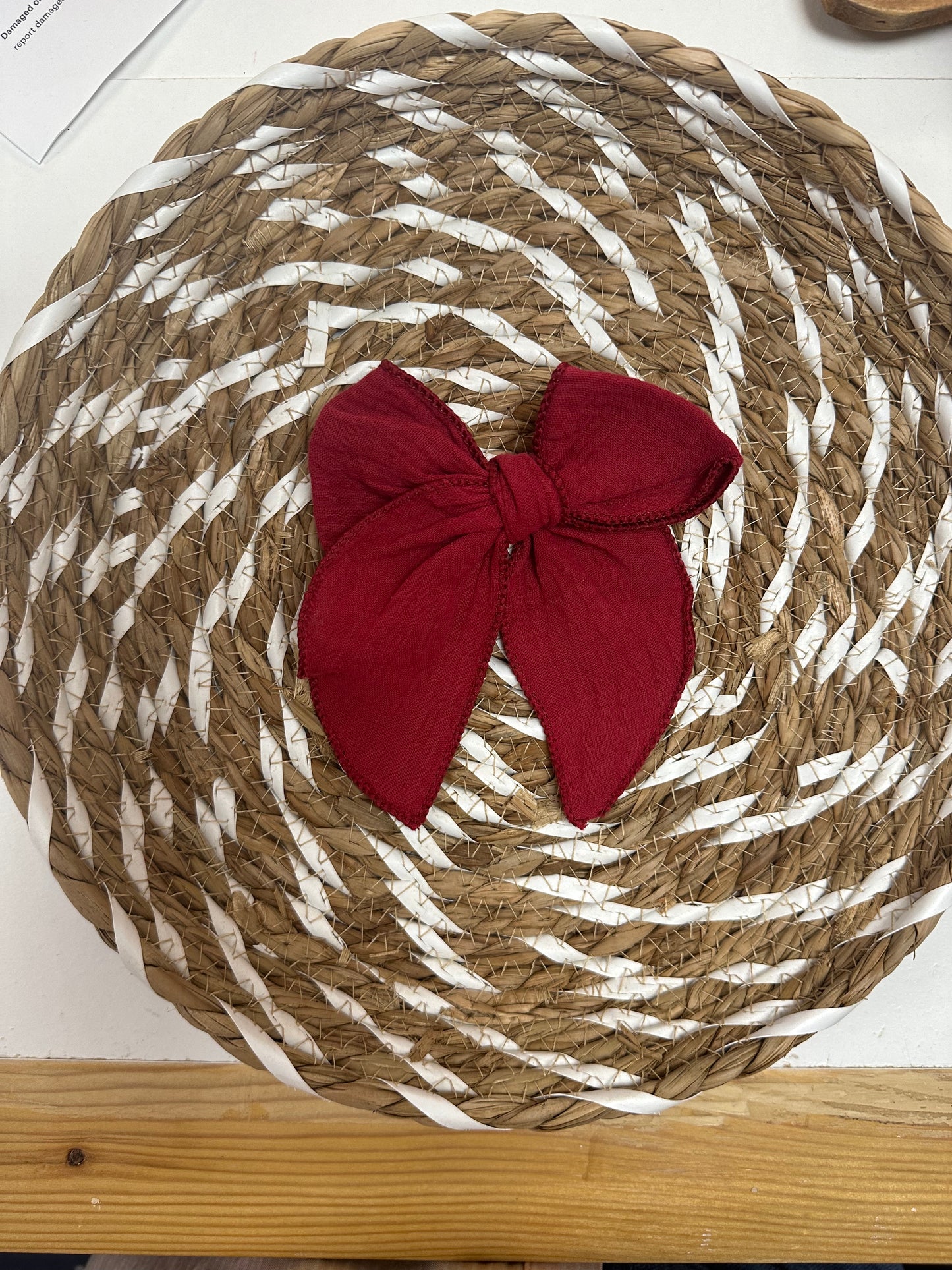 Large Gauze Linen Hair Bow: Crimson