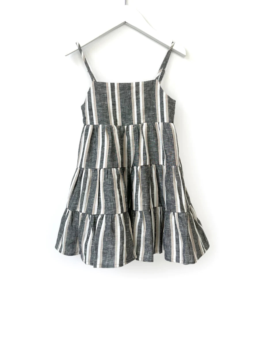 Linen Tiered Dress - Charcoal Stripe