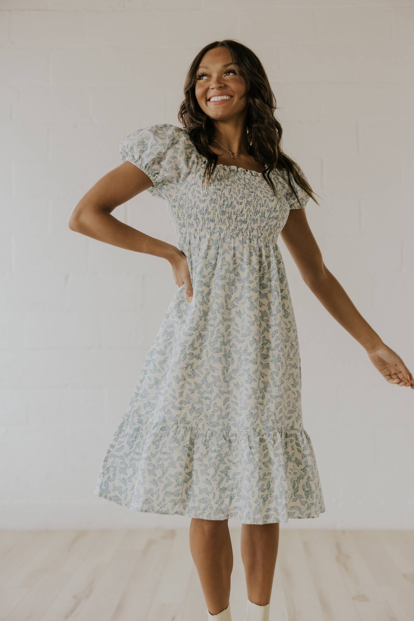 Scrunched Puff Sleeve Dress in Blue