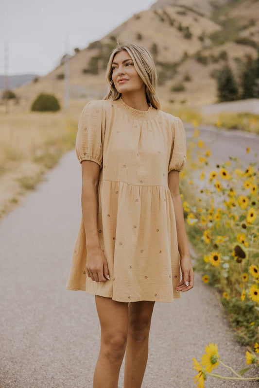 Yellow Embroidered Puff Sleeve Dress